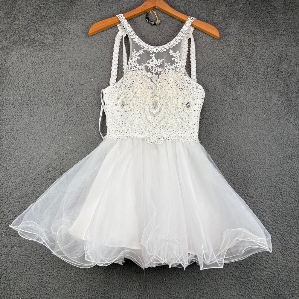 Juliet Womens XS White Lace Rhinestone Embellished Tulle Mini Dress Homecoming